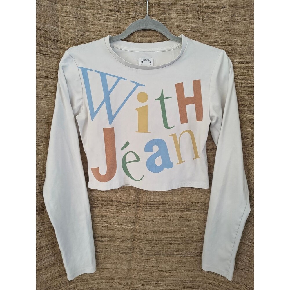With Jean White Multicolor Graphic Long Sleeve Crop Top Tee T-Shirt